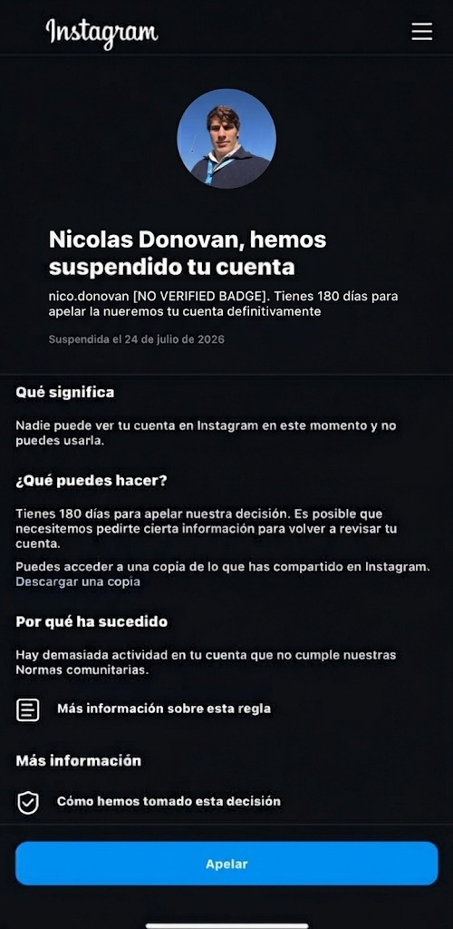 Cuenta de Nico Donnovan suspendida